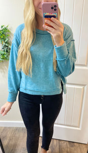 Dusty Teal Brushed Melange Hacci Crop Sweater