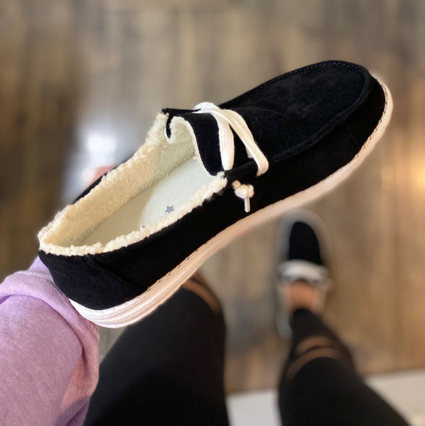 Black Faux Fur Lined Slip On Shoes