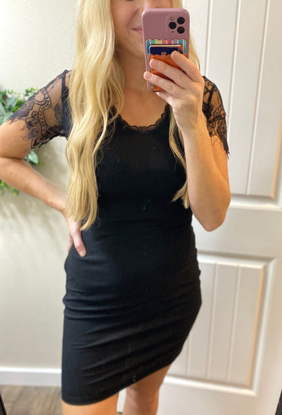 Lace Sleeve Ribbed Dress