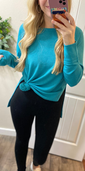 Teal Waffle Side Slit Long Sleeve