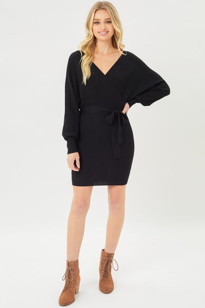 On/off Shoulder Faux Wrap Ribbed Dress