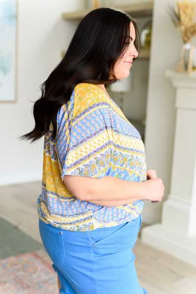 Blue/Yellow Print V-Neck Blouse