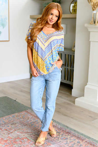 Blue/Yellow Print V-Neck Blouse