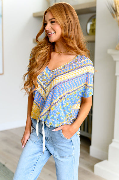 Blue/Yellow Print V-Neck Blouse