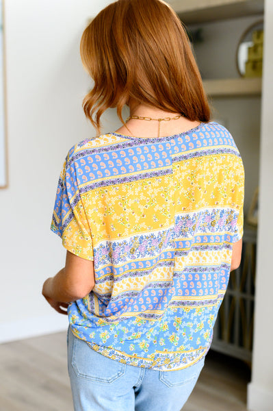 Blue/Yellow Print V-Neck Blouse