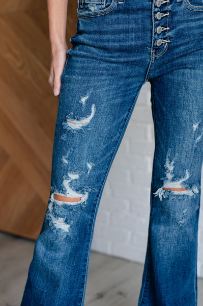 Judy Blue Darkwash Distressed ButtonFly Flare