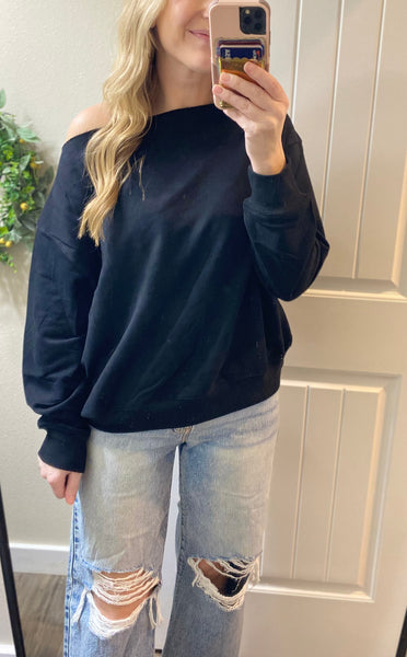 Birdie Off Shoulder Slouchy Pullover in Gray or Black