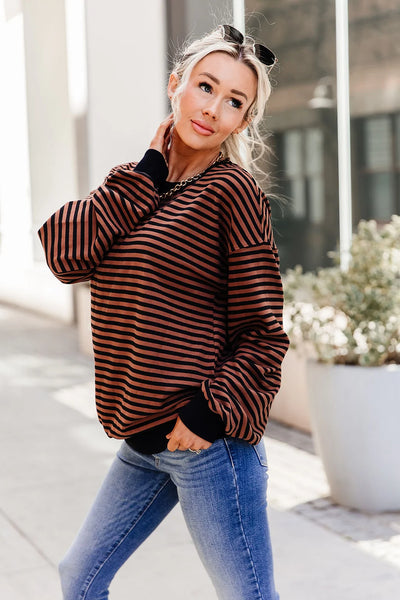 Ampersand Ave. Fleece Oversized Brown Stripes Pullover