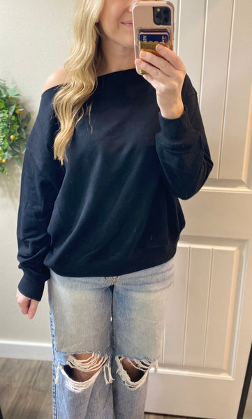 Birdie Off Shoulder Slouchy Pullover in Gray or Black