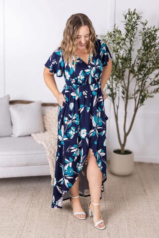Navy and Teal Floral High-Lo Dress