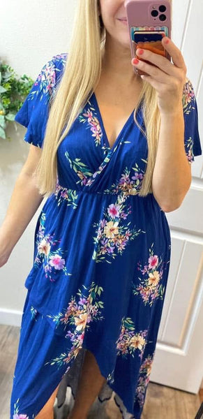 Navy and Teal Floral High-Lo Dress