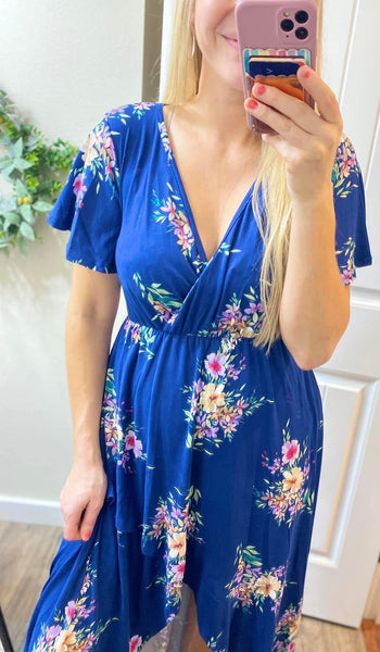 Navy and Teal Floral High-Lo Dress