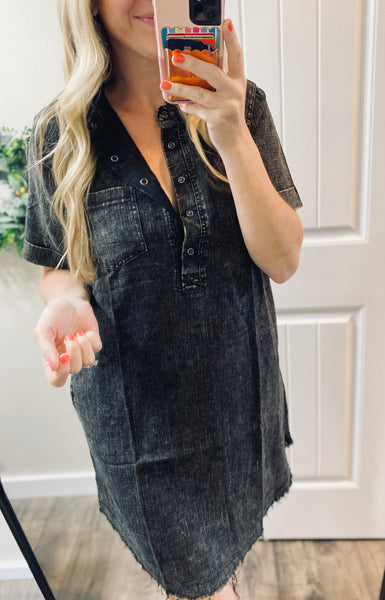 Black Mineral Wash Pocket Fray Dress