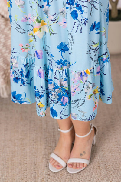 Light Blue Floral Ruffle Sleeveless Tank