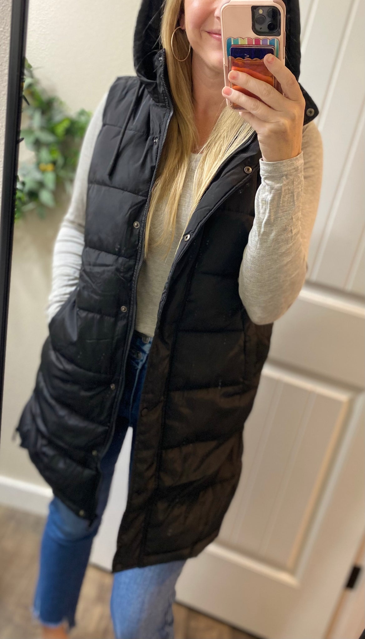 Black Hooded Puff Long Vest with Faux Fur Lining