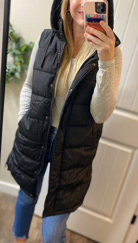 Black Hooded Puff Long Vest with Faux Fur Lining