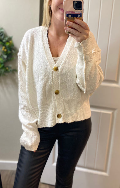 Ivory Button Front V-Neck Knit Cardigan