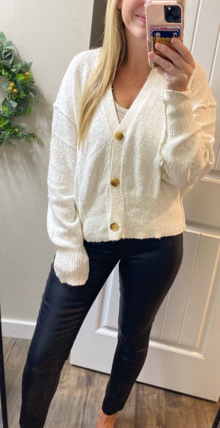 Ivory Button Front V-Neck Knit Cardigan