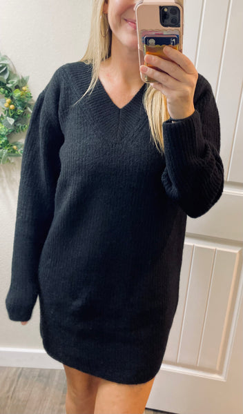 Black V-Neck Long Sleeve Ribbed Sweater Dress