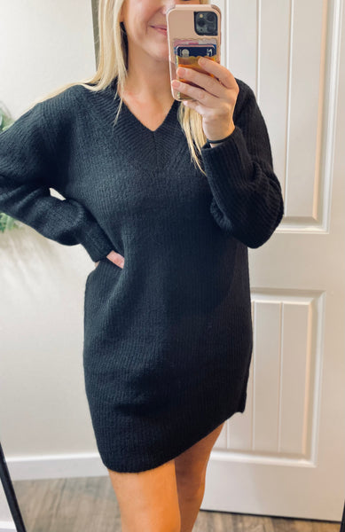 Black V-Neck Long Sleeve Ribbed Sweater Dress
