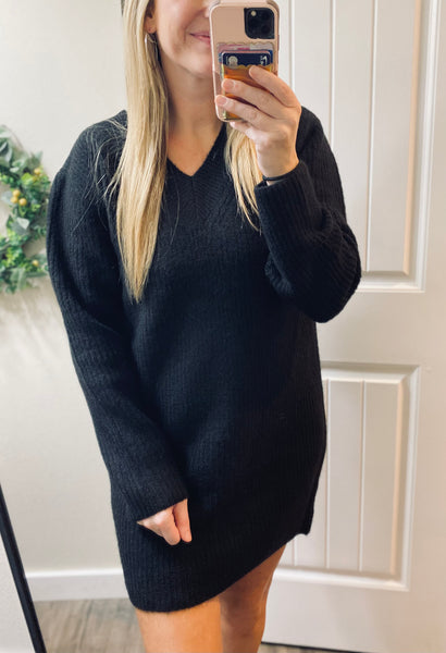 Black V-Neck Long Sleeve Ribbed Sweater Dress