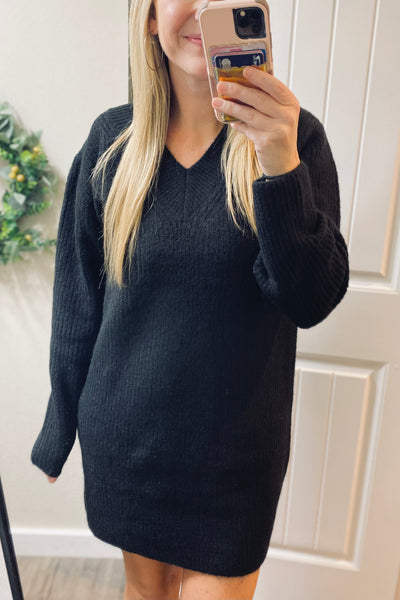 Black V-Neck Long Sleeve Ribbed Sweater Dress