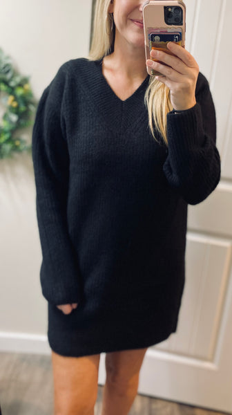 Black V-Neck Long Sleeve Ribbed Sweater Dress