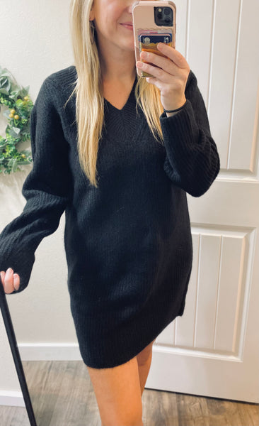 Black V-Neck Long Sleeve Ribbed Sweater Dress