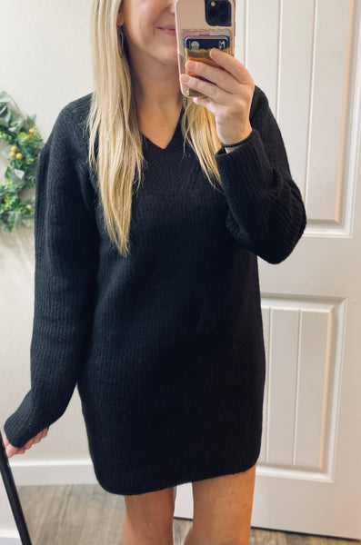 Black V-Neck Long Sleeve Ribbed Sweater Dress