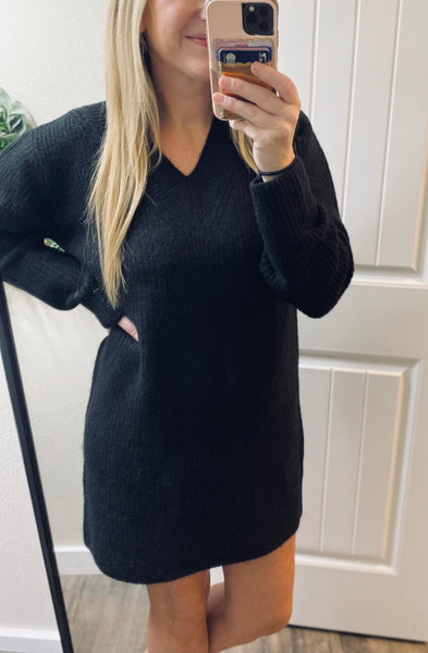 Black V-Neck Long Sleeve Ribbed Sweater Dress