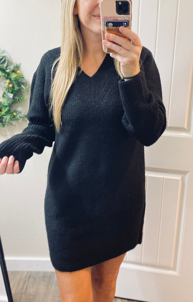Black V-Neck Long Sleeve Ribbed Sweater Dress