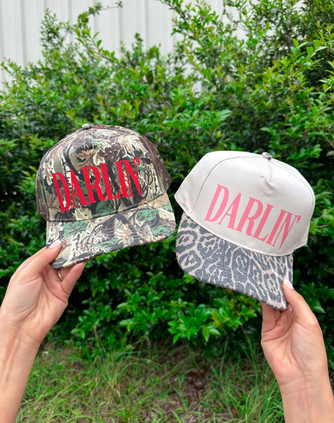 Darlin' (red font) Real Camo Canvas Trucker Hat