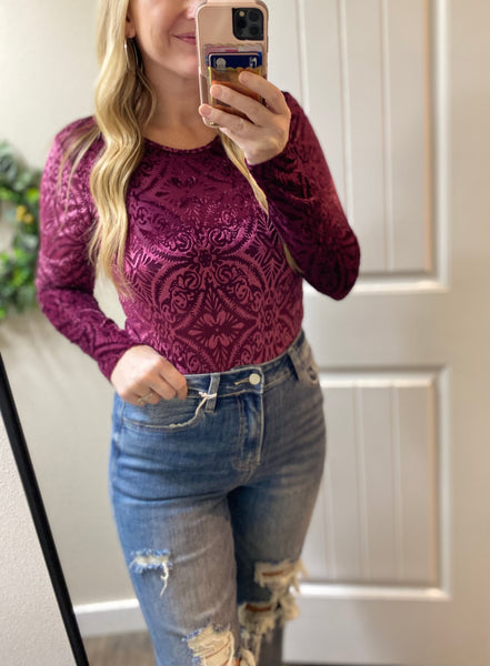 Burgundy Mesh Velvet Bodysuit