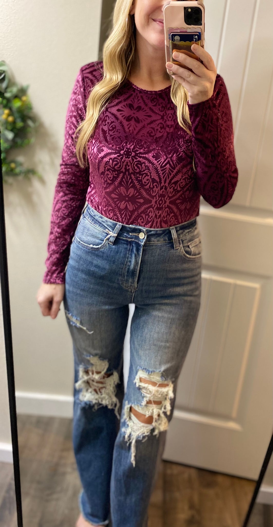 Burgundy Mesh Velvet Bodysuit