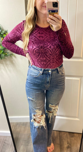 Burgundy Mesh Velvet Bodysuit
