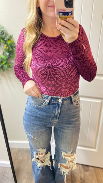 Burgundy Mesh Velvet Bodysuit