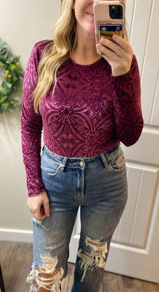 Burgundy Mesh Velvet Bodysuit