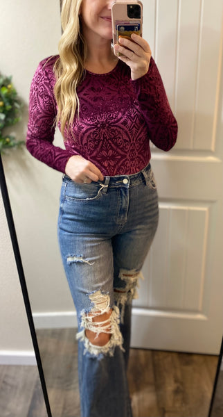 Burgundy Mesh Velvet Bodysuit