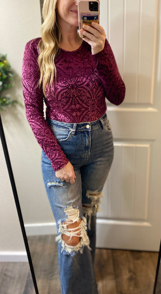 Burgundy Mesh Velvet Bodysuit