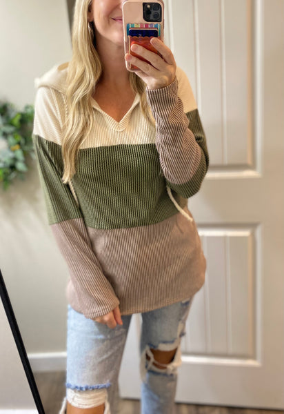 Olive Ribbed Colorblock Hooded Long Sleeve