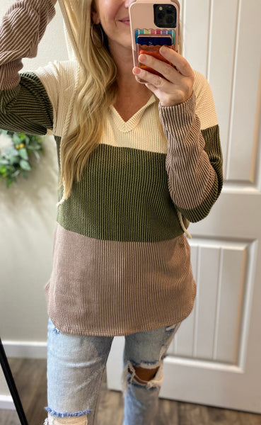 Olive Ribbed Colorblock Hooded Long Sleeve