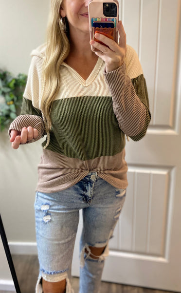 Olive Ribbed Colorblock Hooded Long Sleeve
