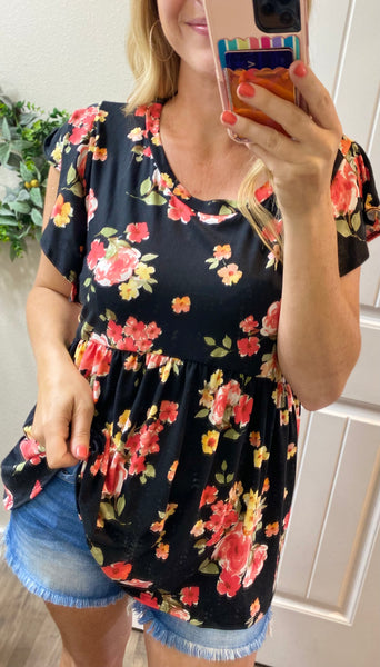 Black Floral Ruffle Babydoll Short Sleeve Top