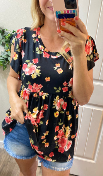 Black Floral Ruffle Babydoll Short Sleeve Top
