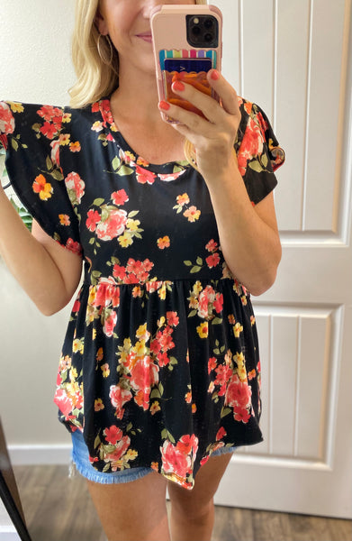 Black Floral Ruffle Babydoll Short Sleeve Top