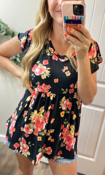 Black Floral Ruffle Babydoll Short Sleeve Top
