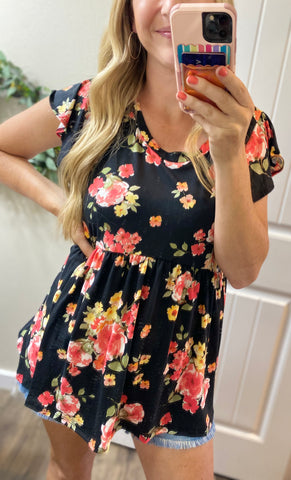 Black Floral Ruffle Babydoll Short Sleeve Top