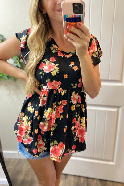 Black Floral Ruffle Babydoll Short Sleeve Top