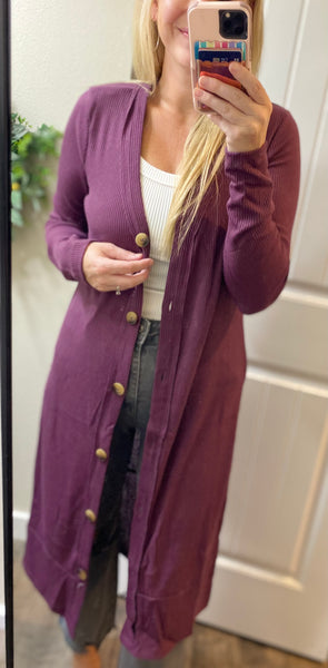 Long Ribbed Button Cardigan