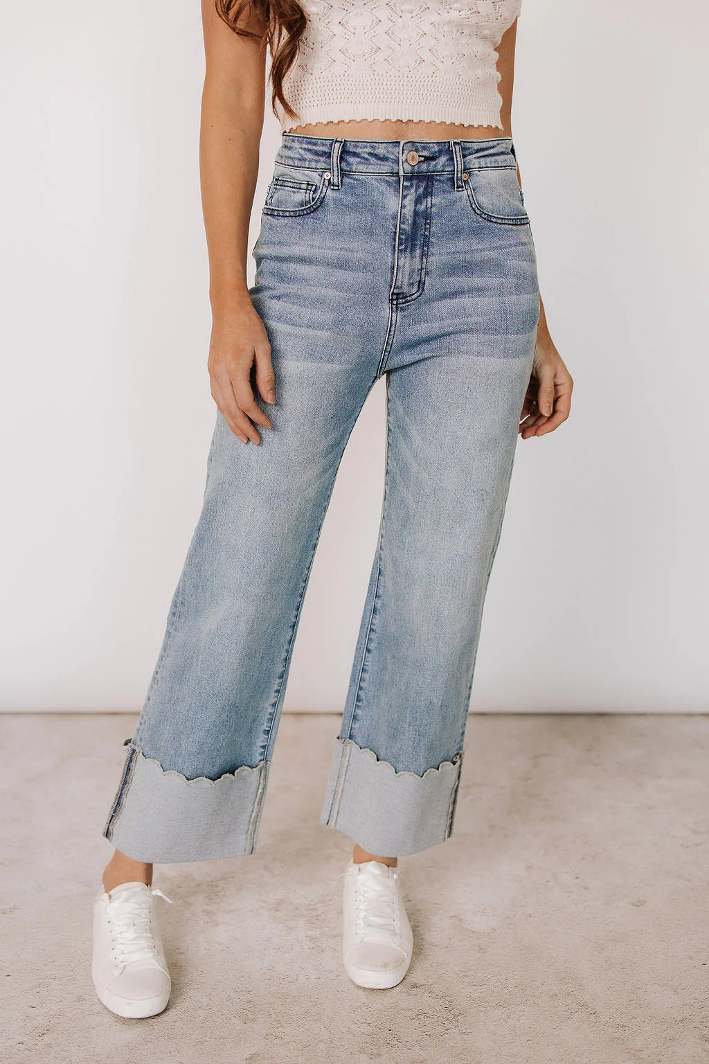 Ampersand Ave Scalloped Hem Cuff Wide Leg Denim